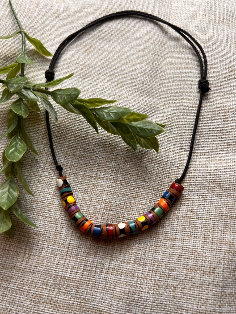 Black Corded Boho Vintage Necklace with Colourful Wooden Beads